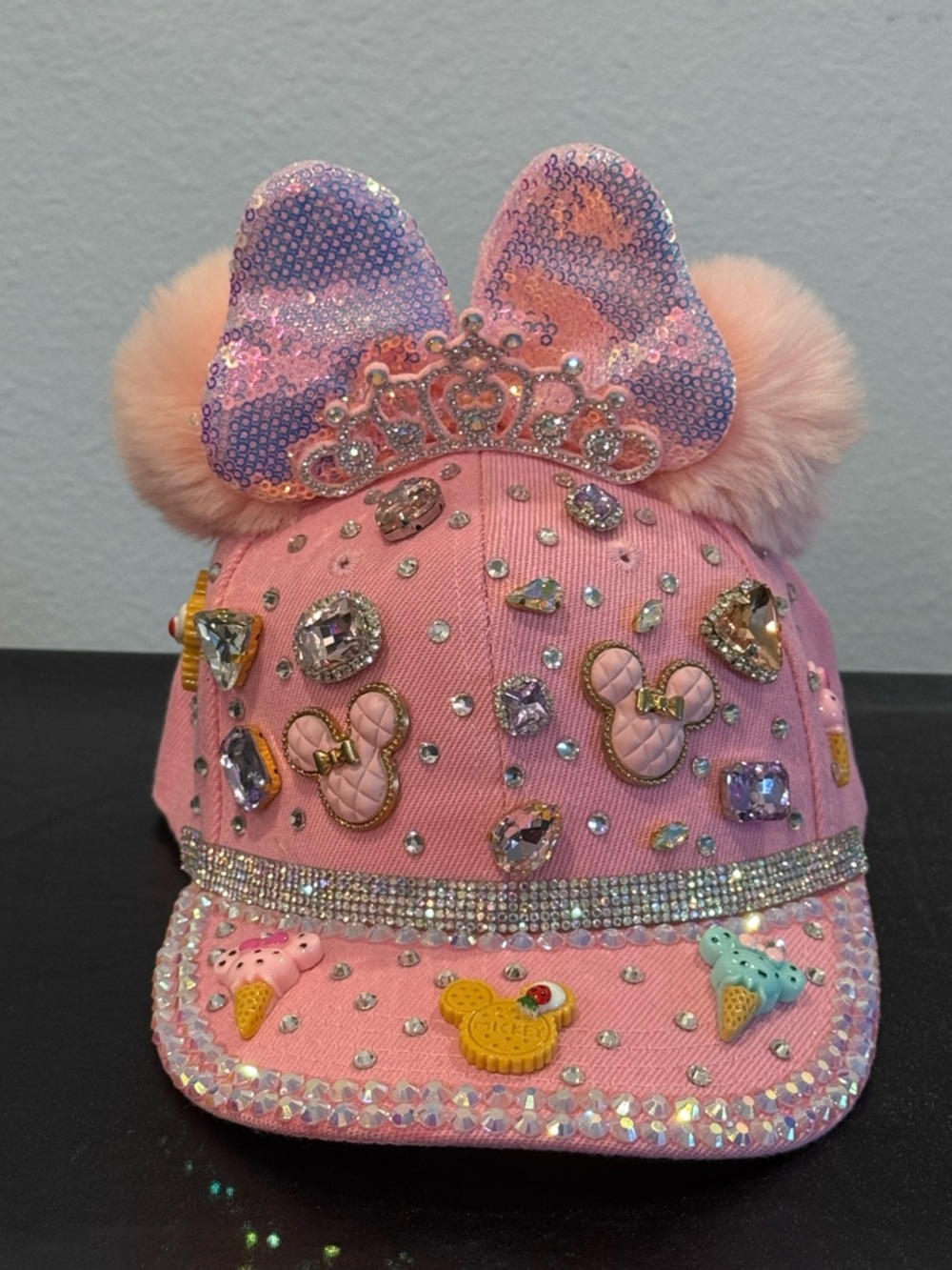 Pink Rhinestone Embellished Minnie Ear Cap with Pom Poms